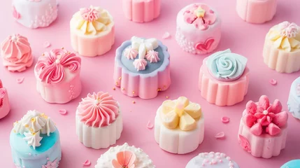 Fotobehang Assorted decorative fondant mini cakes on a pink background. Delicate pastry design for bakery promotion, dessert menu, and confectionery art with a pastel color scheme and elegant presentation © Tatyana