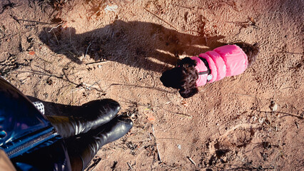 Top view of cute black puppy wearing pink vest and female person wearing boots. Walking dog...