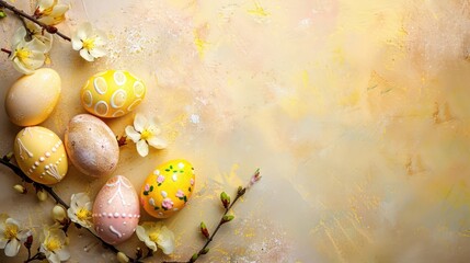 Obraz na płótnie Canvas Easter eggs with delicate flowers and paint splashes on a textured background. Creative spring holiday concept with copy space