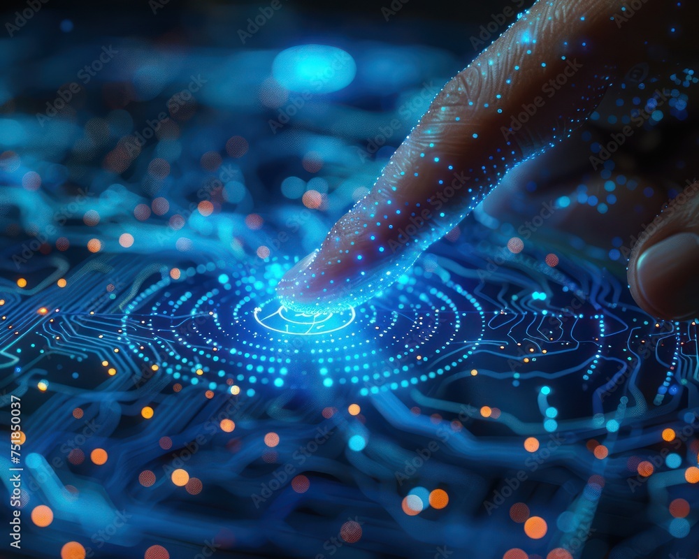 Poster digital phone data in holographic form minimalist blue tech connection close up on finger s seamless