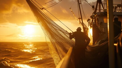 A group of fishermen enjoying the sunset while standing on a boat in the middle of the ocean, surrounded by water and the vast sky above. AIG41