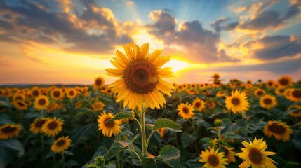 Sunflower field at sunset, vibrant and tranquil