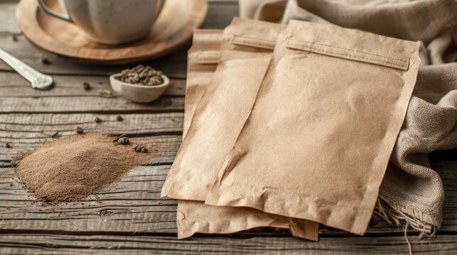 Kraft paper pouches with ground coffee on wooden background with cup and spoon. Rustic coffee packaging for design