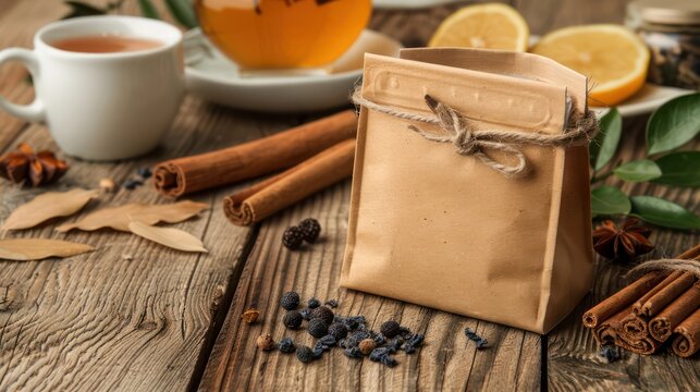 Eco-friendly paper pouch with spices and tea cup on wooden background. Food packaging and branding concept for design and print
