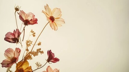 Transparent view of pressed flowers against a light background. Artistic floral arrangement for design and print