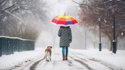 a person walking a dog in the snow with a colorful umbrella