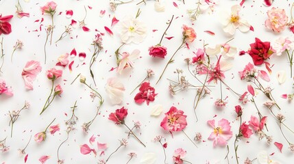 Scattered petals and blooms of various flowers on a white background. Decorative floral design with copy space for print