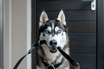 A husky sits on a taut leash, looking into the frame at its owner. The dog is asking to go for a walk. The husky eagerly anticipates a stroll with its owner.