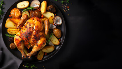 Baked chicken with potatoes on a dark plate - Powered by Adobe