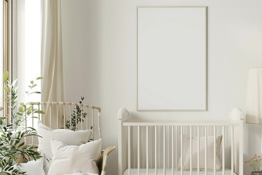 poster layout. White frame. In the interior of a children's room with a crib
