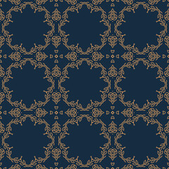 Blue and gold vintage seamless pattern. Floral ornamental luxury damask background. Elegance ornament