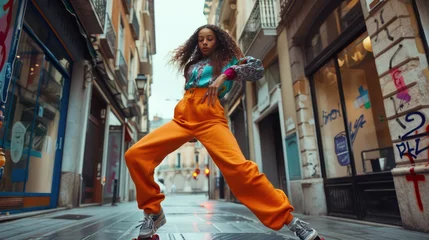 Foto op Aluminium Dansschool Energetic woman in orange pants performing a dance move on an urban street. Street dance and urban culture concept. Design for music video, dance school, or fashion campaign