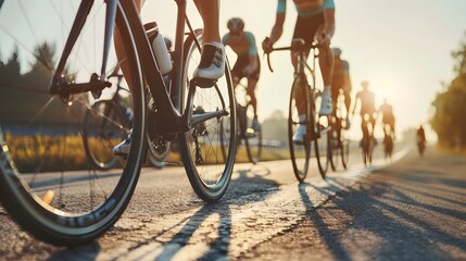 Close-up of a group of cyclists with professional racing sports gear riding on an open road cycling...