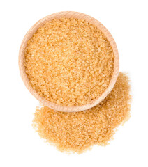 Brown sugar in bowl isolated on white, top view