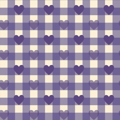 Gingham pattern and heart seamless Plaid repeat in purple. Design for print, tartan, gift wrap, textiles, checkered background for tablecloth