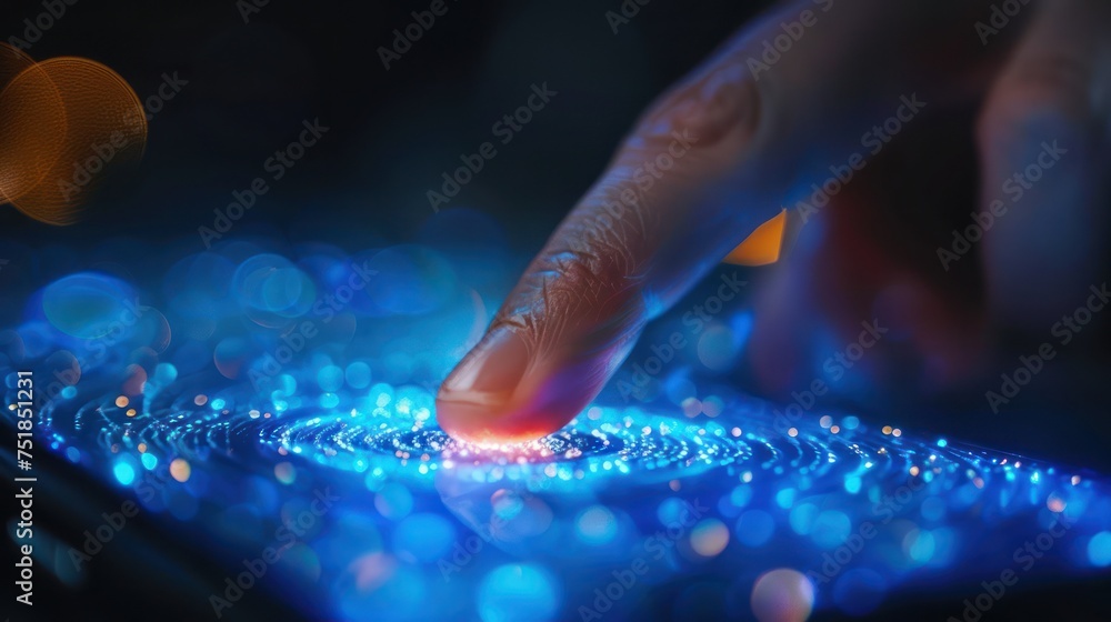 Poster finger commands smart phone hologram minimalist technology display close up on blue digital informat
