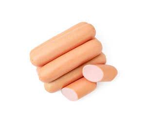 Whole and cut delicious boiled sausages on white background, top view