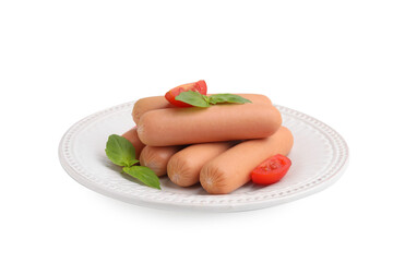 Delicious boiled sausages, tomatoes and basil isolated on white