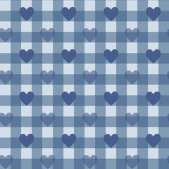 Gingham pattern seamless Plaid repeat in blue and white with heart. Design for print, tartan, gift wrap, textiles, checkered background for tablecloth
