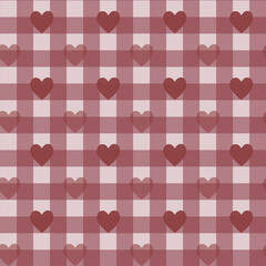 Gingham pattern seamless Plaid repeat in pink and white with heart. Design for print, tartan, gift wrap, textiles, checkered background for tablecloth