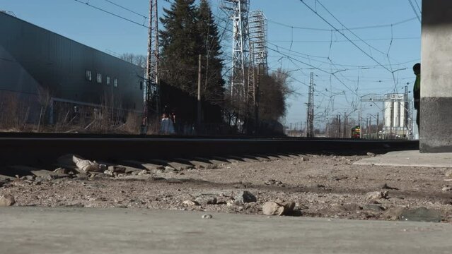 heavy train running under the bright