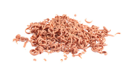 Many delicious chocolate shavings isolated on white
