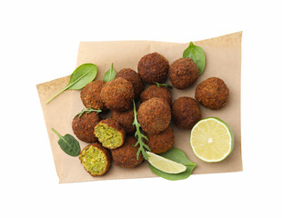 Delicious falafel balls, basil, arugula and lime isolated on white, top view