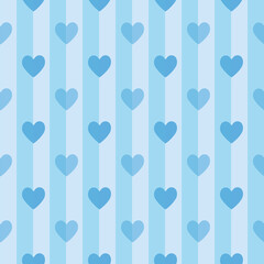 Blue and white vertical stripes and heart seamless background