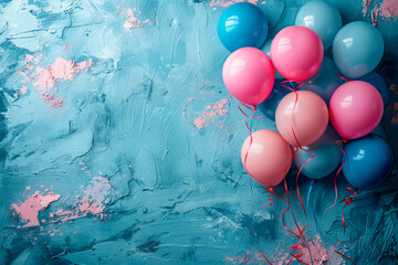Birthday card with light blue and pink supple, vivacious, balloons on the right side on a sunny...