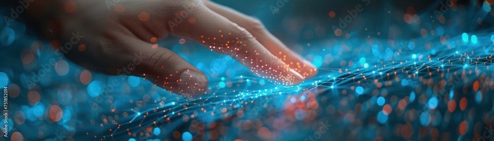 Poster hand connects with digital hologram phone minimalist technology in action close up on blue data inte