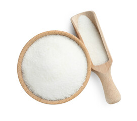 Granulated sugar in bowl and scoop isolated on white, top view