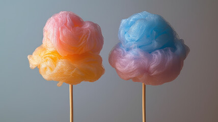 Colorful cotton candies on sticks.