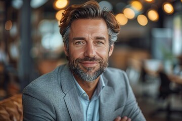 Fototapeta premium Refined portrait of a handsome businessman with a confident smile in a restaurant setting