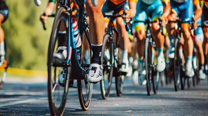 Close-up of a group of cyclists with professional racing sports gear riding on an open road cycling...