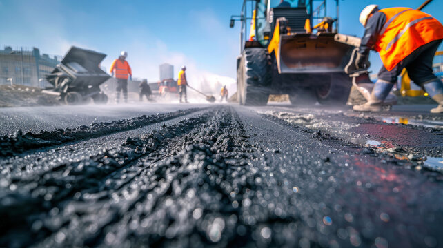 Road construction machinery paving asphalt.