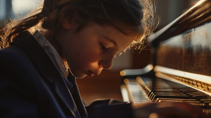 A young girl playing the piano at home.