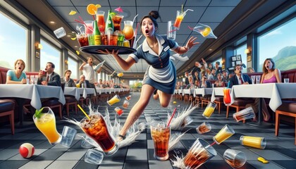 The Perilous Path of a Waitress: A Tray Too Far. A waitress's moment of surprise as she trips, sending a tray of drinks into an airborne ballet. - obrazy, fototapety, plakaty