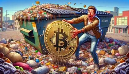 Unexpected Fortune: Finding Bitcoin in the Trash. The ironic delight of discovering a shining Bitcoin symbol amidst a heap of garbage. - obrazy, fototapety, plakaty