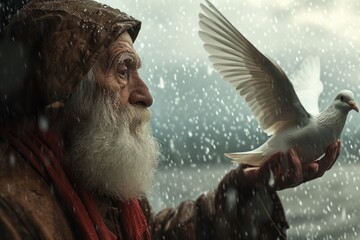 Poignant portrait biblical figure Noah stands hopeful anticipation, eyes fixed on horizon. Patiently waiting improved weather, he yearns for return of dove, embodying Christian faith and resilience