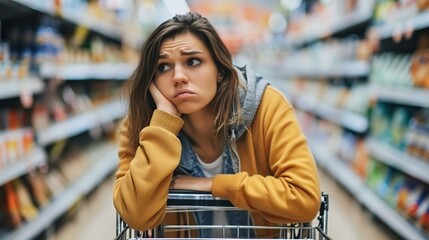 Worried young woman pushing a shopping cart at a supermarket aisle