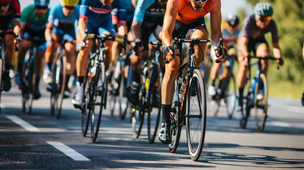 Close-up of a group of cyclists with professional racing sports gear riding on an open road cycling route
