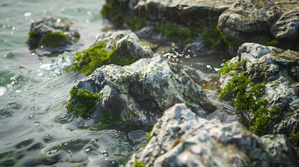 Naklejka na ściany i meble Rocks Covered in Green Algae in the Water