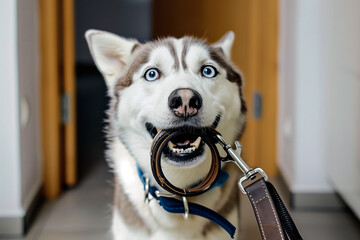 A husky sits on a taut leash, looking into the frame at its owner. The dog is asking to go for a walk. The husky eagerly anticipates a stroll with its owner.