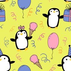 Birthday party animals seamless penguin pattern for wrapping paper and fabrics and kids print and summer print