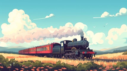 Vintage steam train crossing countryside background - obrazy, fototapety, plakaty