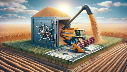 Harvesting Wealth: A Farmer's Unusual Find. A farmer harvests atop a field, uniquely driving over a giant packet of banknotes in an open safe, blending the worlds of agriculture and treasure.