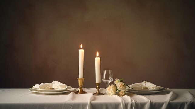 a white table topped with two white candles