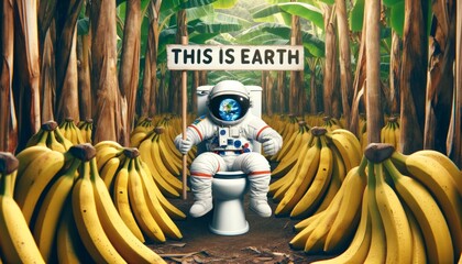 Unexpected Earth: An Astronaut's Banana Grove Landing. An astronaut emerges from a toilet amidst a banana grove, humorously discovering that "This is Earth," blending the surreal with exploration.