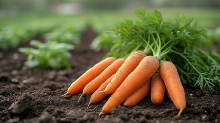A bunch of fresh carrots with greens on the ground. A large juicy unwashed carrots