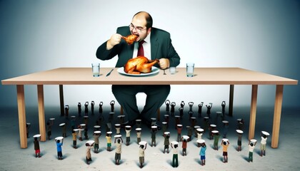 The Feast Above, The Plea Below: A Tale of Contrast. A large businessman enjoys his meal, unaware of the small figures beneath him holding up empty plates, capturing the stark disparities of society.